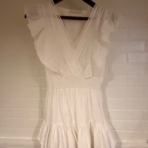 White V-Neck Smocked Waist Ruffle Mini Dress
